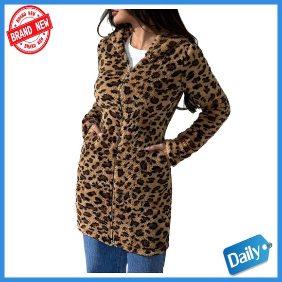 Leopard Faux Fur Coat Hooded Jacket Winter Outerwear Zip Up Long Sleeve
